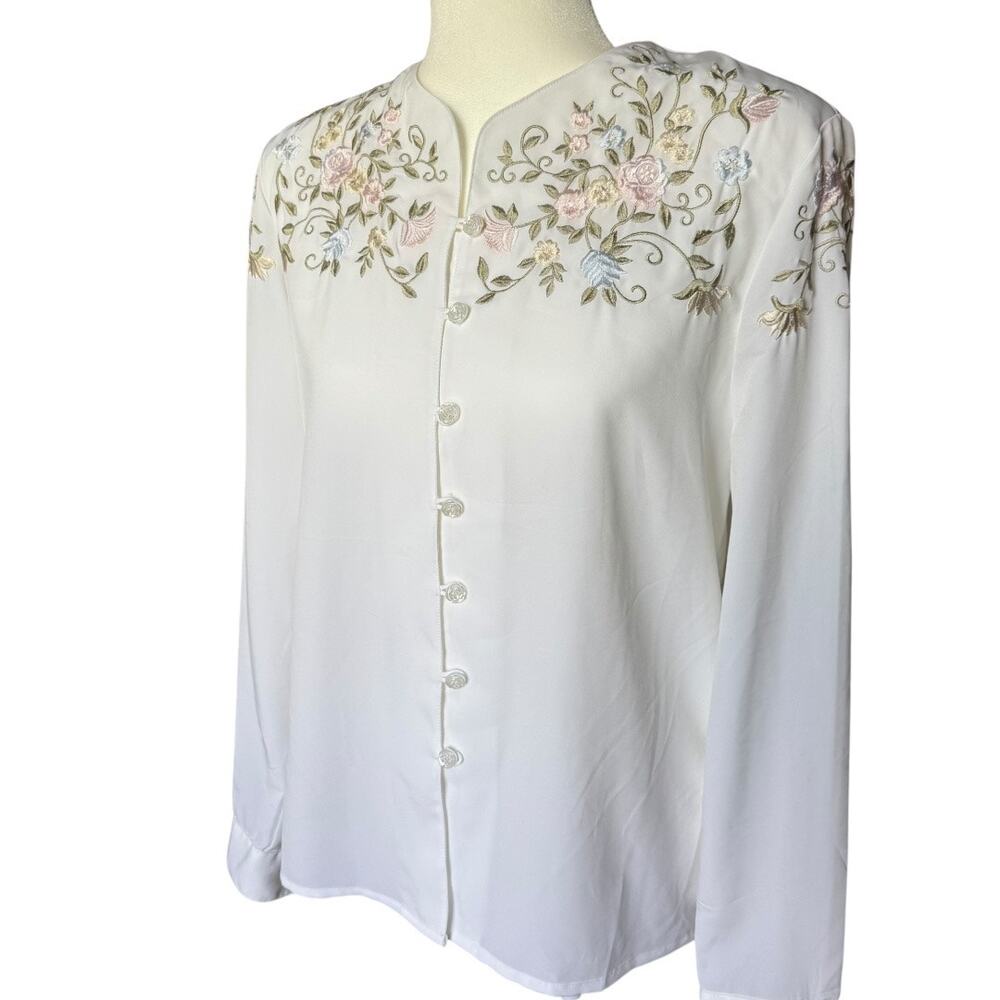 Cottagecore White Floral Embroidered Blouse Sz 8 Kathy Che Vintage-Inspired